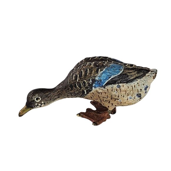 Vintage Austrian Bronze Cold Painted Duck Figurine Miniature Blue Brown Details - Picture 1 of 9